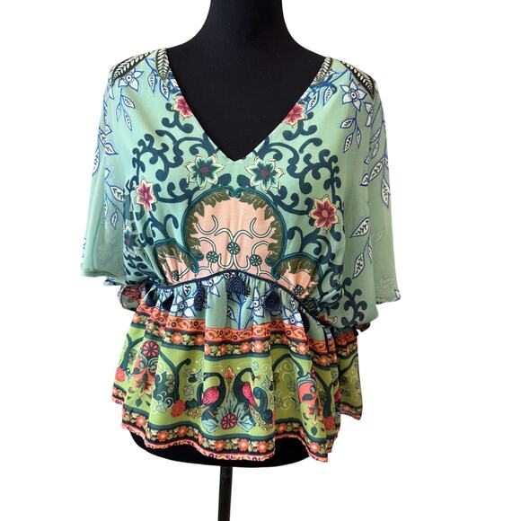 New FARM RIO Anthropologie BOHO Green Floral Idiya V-Neck Blouse Size S - Picture 4 of 8